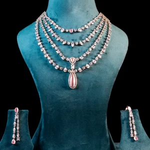 AD Four Layer Set with Pendant – White & Baby Pink Elegance